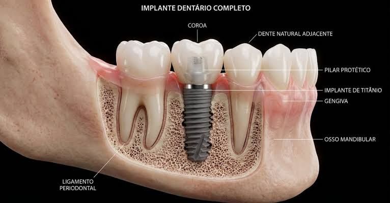 Ilustração em corte de um implante dentário, com coroa, pilar protético, implante de titânio, gengiva e osso